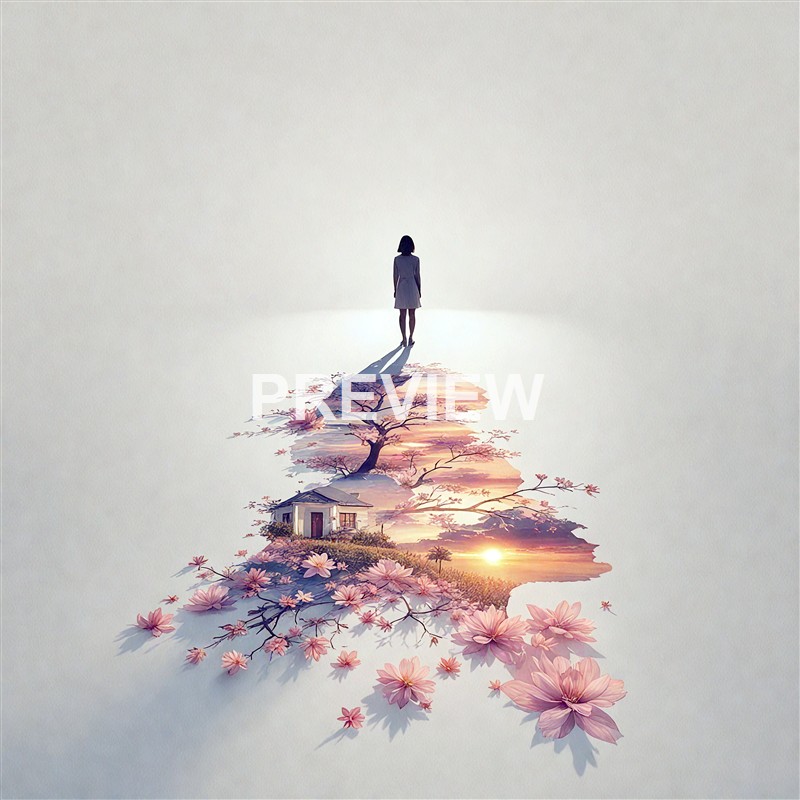 A surreal digital artwork depicting a woman standing on a floating landmass with cherry blossom trees, a small house, and a sunset, all blending into a cloud-like background.